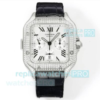 Cartier Santos de Cartier Chronograph Diamond Silver Face Swiss Replica Watch 